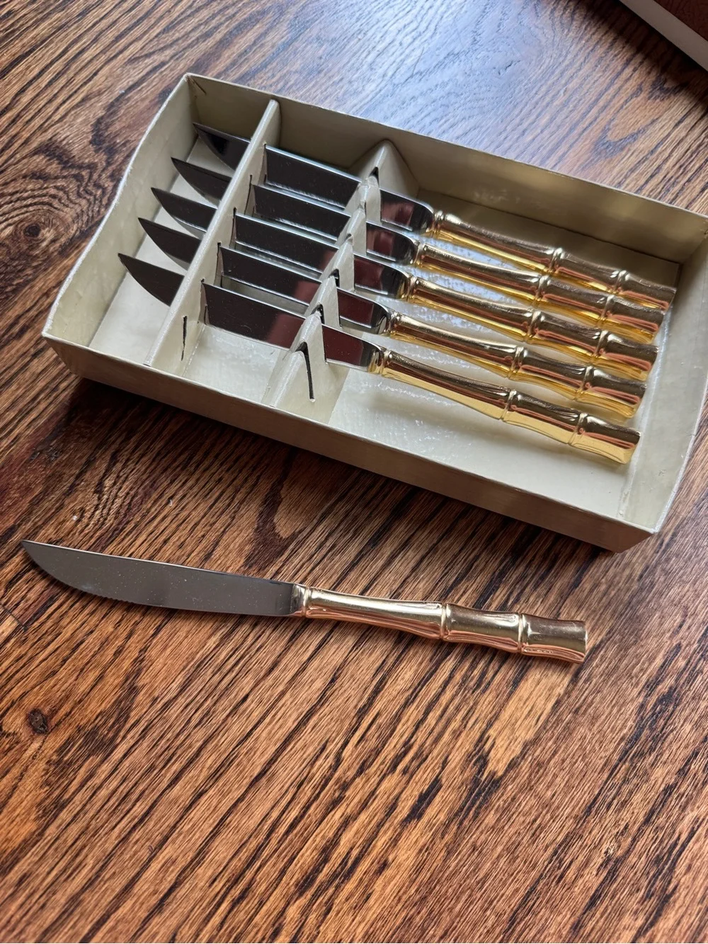 Vintage Gold Bamboo Handle Steak Knives Set - 6 Piece